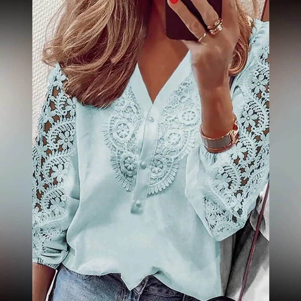 Luxe lace detail V neck blouse
